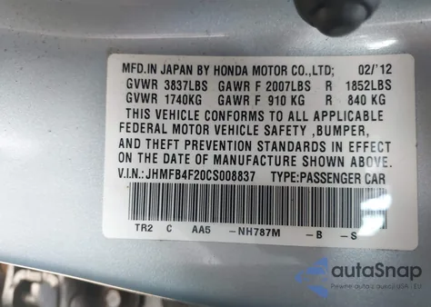 2012 Honda Civic Hybrid z USA, uszkodzony, nr VIN JHMFB4F20CS008837